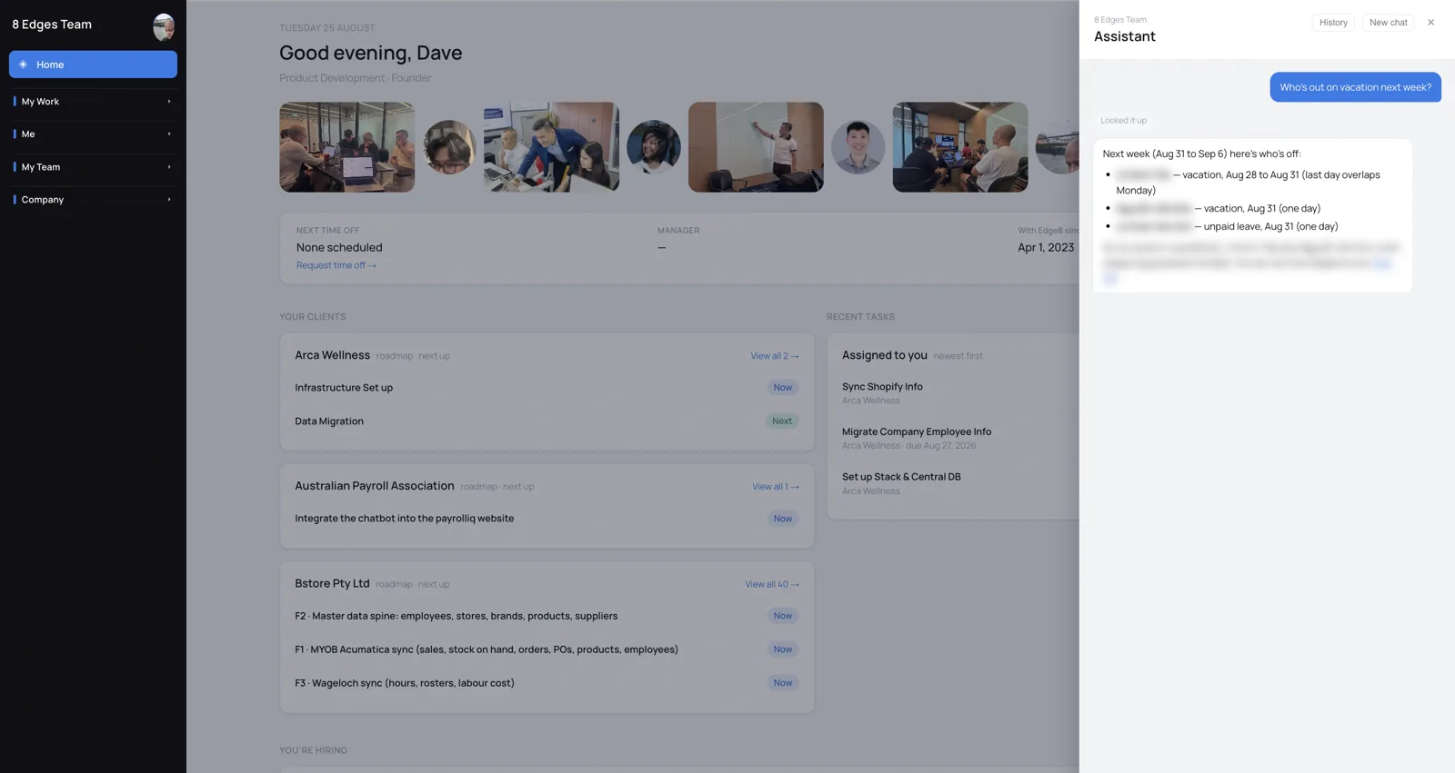 The team assistant chat bot inside the 8 Edges employee portal