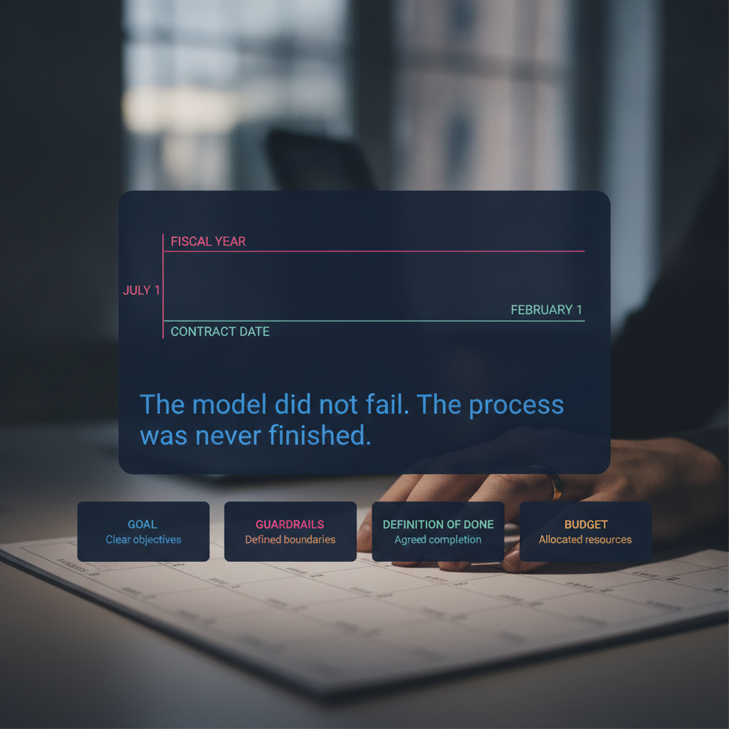 Two timelines over a desk calendar: one labelled Fiscal year starting July 1, one labelled Contract date starting February 1, with the line The model did not fail. The process was never finished.